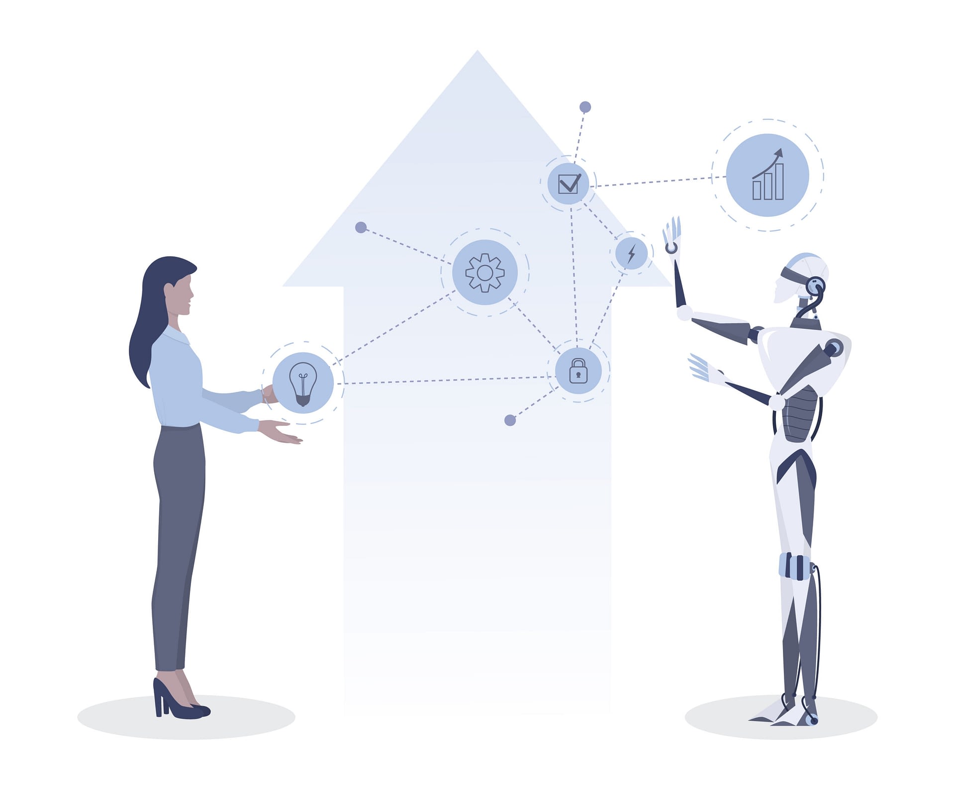 Businesswoman and robot communication idea. Human offer an idea and robot develop and translate it. Control and working together. Human and artificial intellect concept. Vector illustration