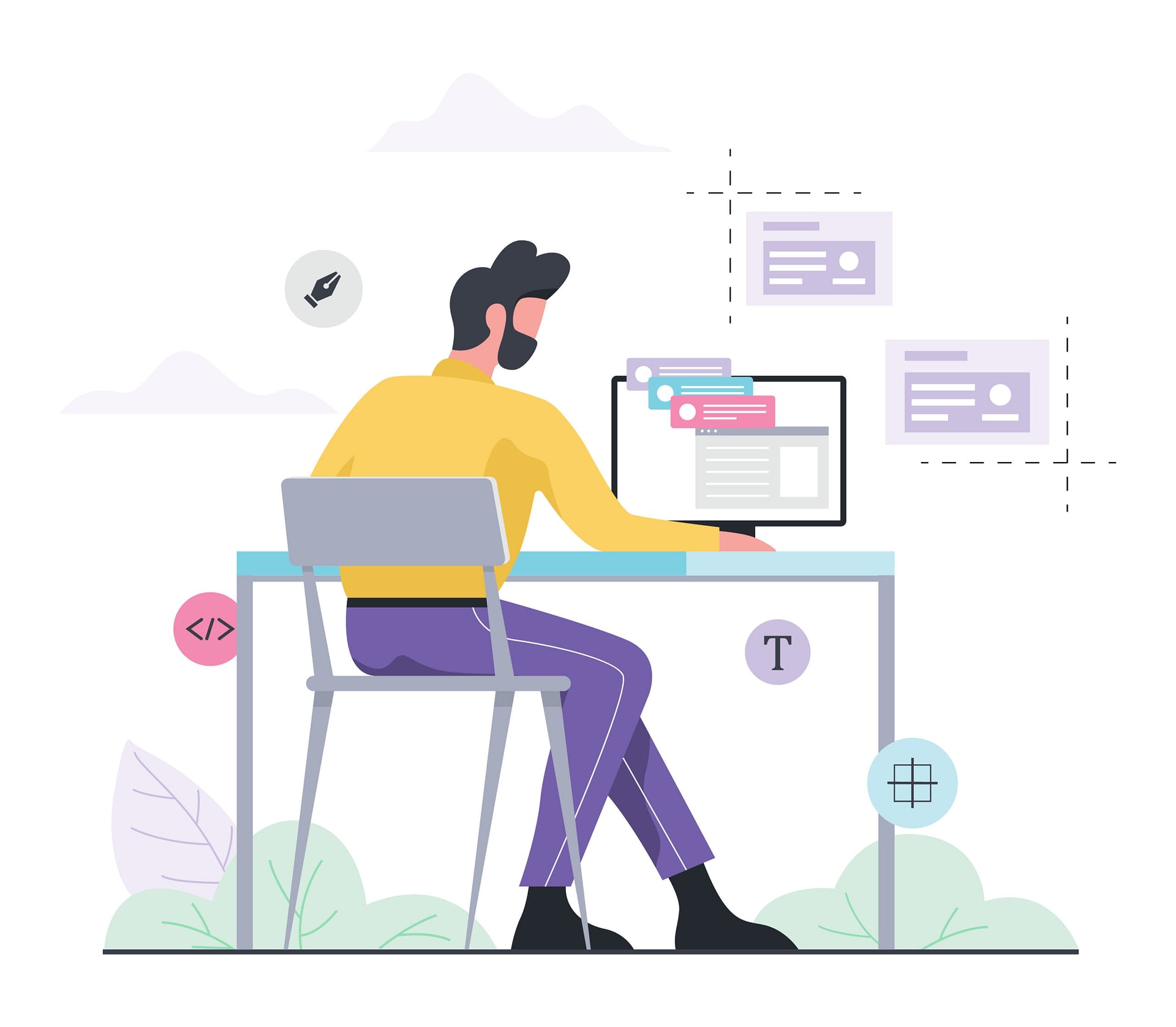 Web design and programming concept. Man sitting at the desk. Isolated flat illustration